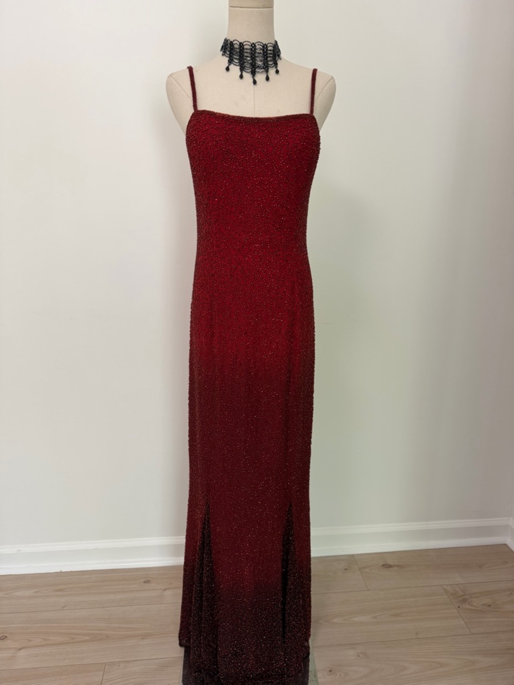 Laurence Kazar Beaded Burgundy Slip Maxi Dress